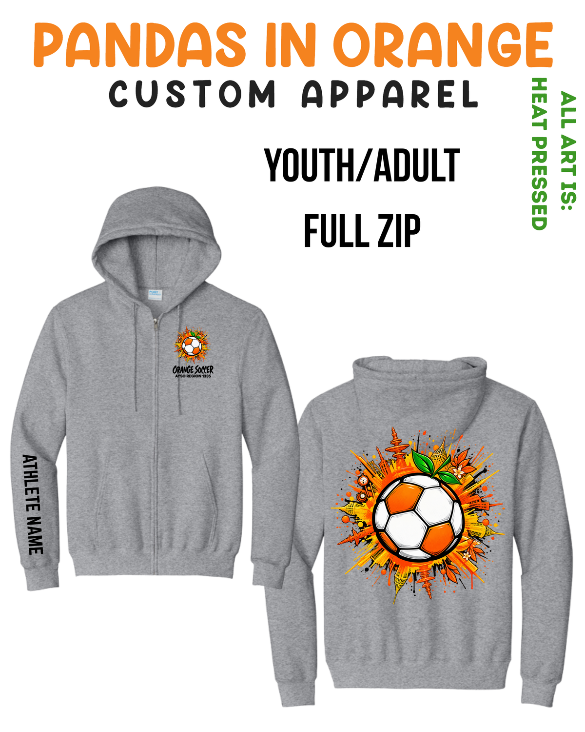 ORANGE SOCCER ADULT Full Zip Hoodie