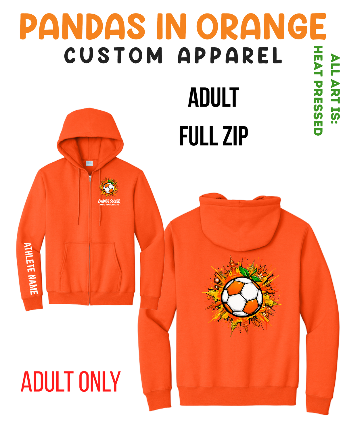 ORANGE SOCCER ADULT Full Zip Hoodie